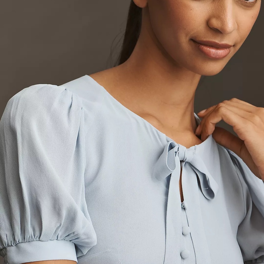 NWT Reformation x Anthropologie Delia Bow Midi Dress Light Blue Size 4 - Picture 4 of 12